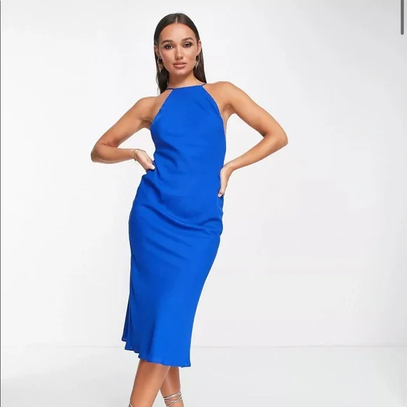 ASOS | Dresses | Asos Design Racer Neck Soft Bias Midi Dress In Blue |  Poshmark